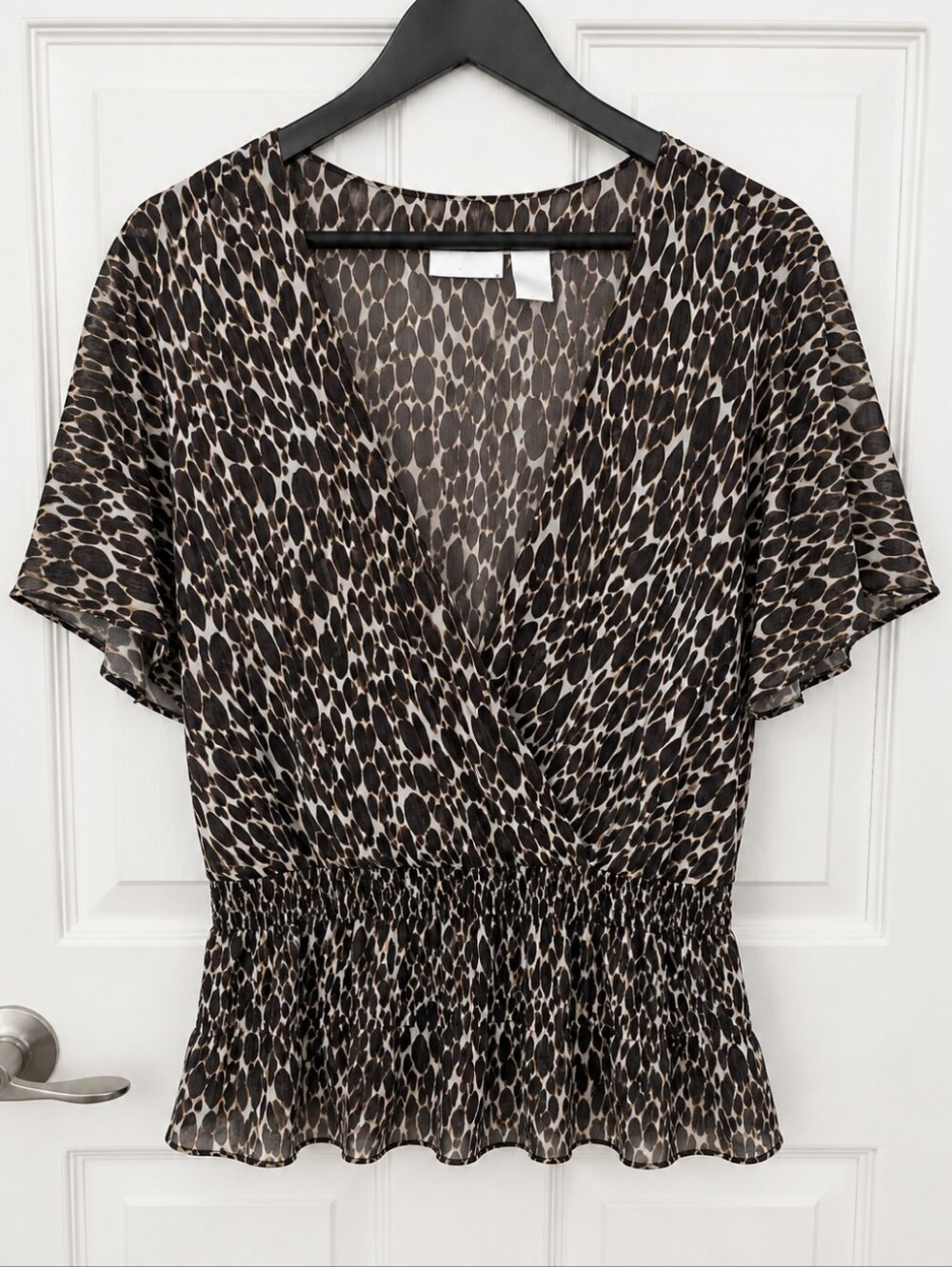 Worthington Woman Leopard Print Deep Vneck Sheer Peplum Ruffle Hem Blouse Sz 2X